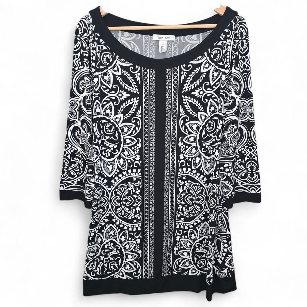 White House Black Market Top Womens XL Black Tunic Printed Boat Neck WHBM